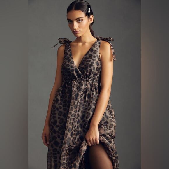 Anthro Daniel Rainn Organza Midi Dress Sleeveless V-Neck Brown Black Size Medium - Picture 4 of 16